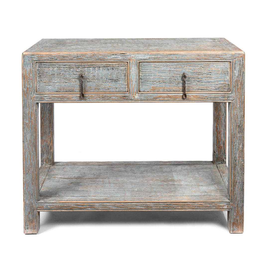Chinese Reproduction Pale Blue Painted 2 Drawer Console Made From Old Pine | Indigo Antiques