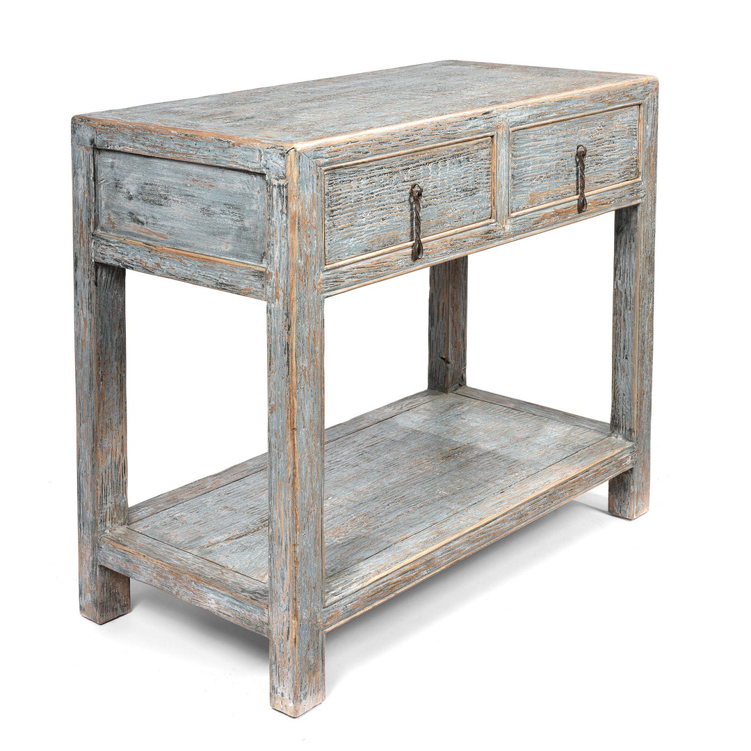 Side view of a Chinese Reproduction Pale Blue Painted 2 Drawer Console Made From Old Pine | Indigo Antiques