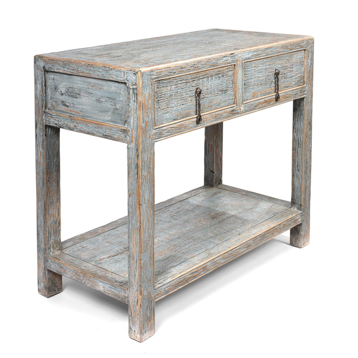 Side view of a Chinese Reproduction Pale Blue Painted 2 Drawer Console Made From Old Pine | Indigo Antiques
