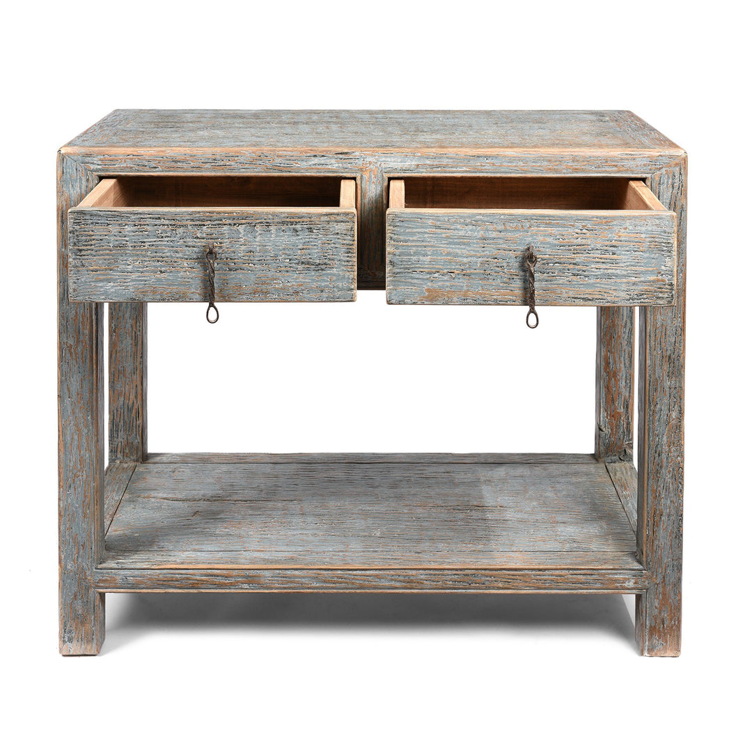 Drawer detail of a Chinese Reproduction Pale Blue Painted 2 Drawer Console Made From Old Pine | Indigo Antiques