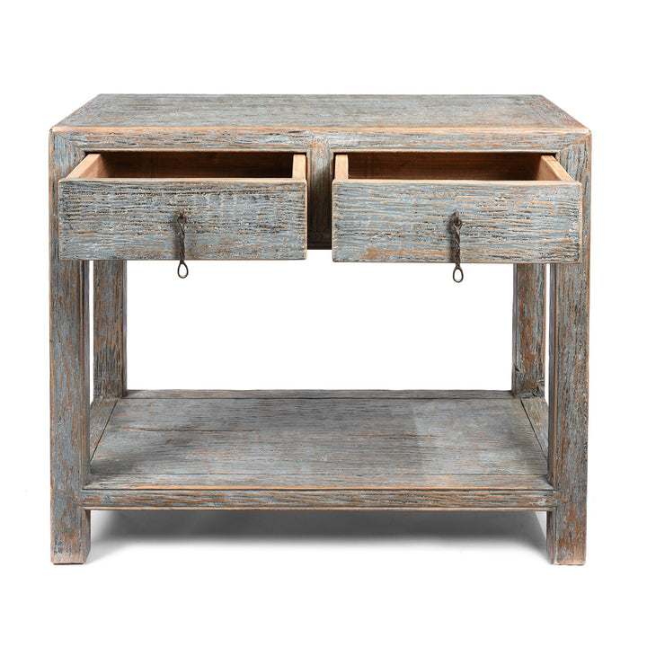 Drawer detail of a Chinese Reproduction Pale Blue Painted 2 Drawer Console Made From Old Pine | Indigo Antiques