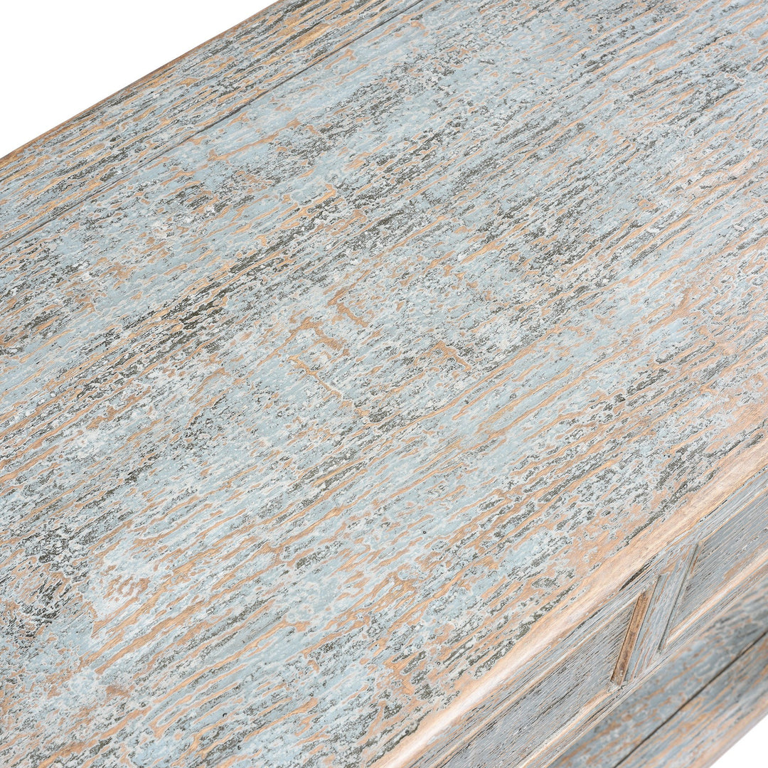 Top detail of a Chinese Reproduction Pale Blue Painted 2 Drawer Console Made From Old Pine | Indigo Antiques