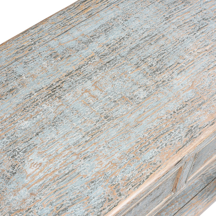 Top detail of a Chinese Reproduction Pale Blue Painted 2 Drawer Console Made From Old Pine | Indigo Antiques