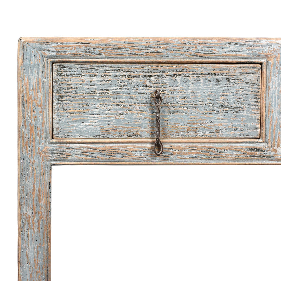 Drawer detail of a Chinese Reproduction Pale Blue Painted 2 Drawer Console Made From Old Pine | Indigo Antiques
