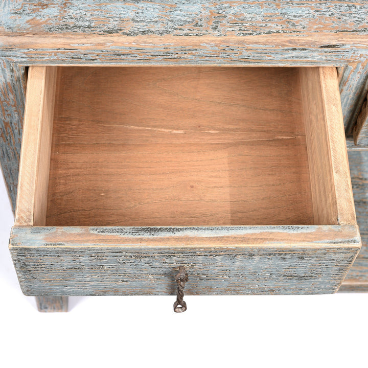 Drawer open detail of a Chinese Reproduction Pale Blue Painted 2 Drawer Console Made From Old Pine | Indigo Antiques