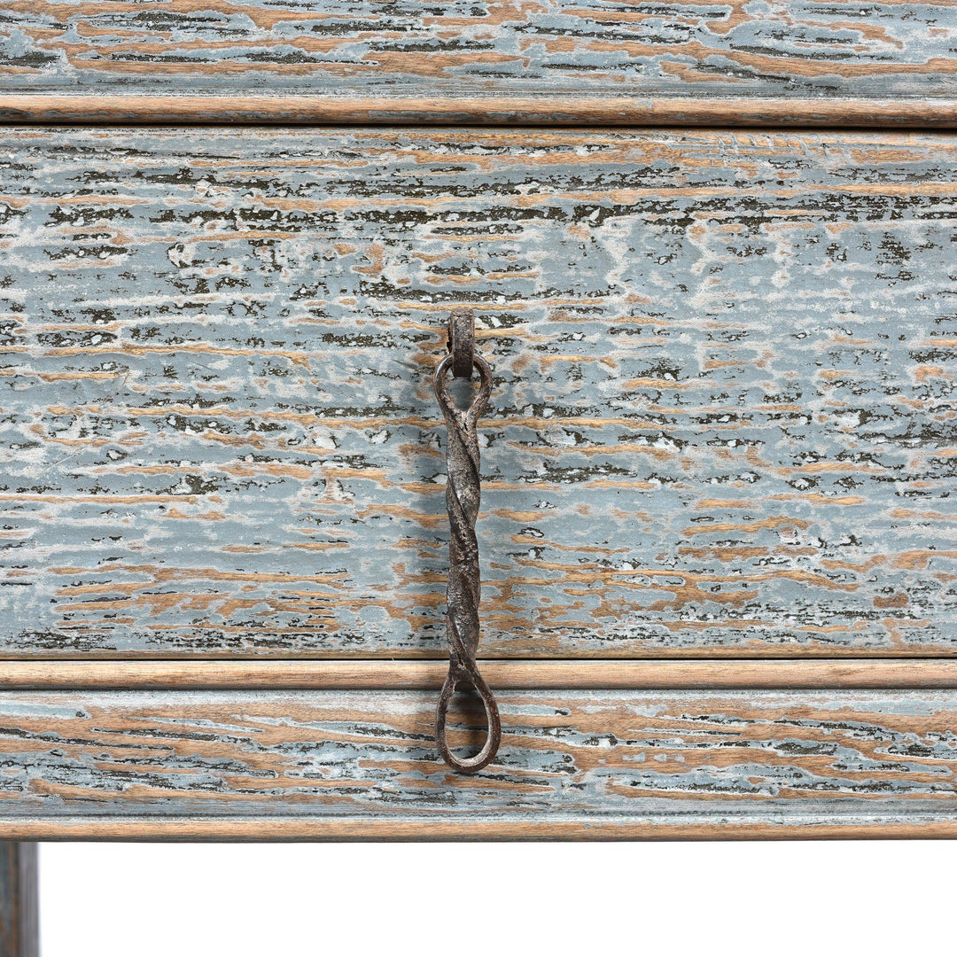 Drawer Detail of a Chinese Reproduction Pale Blue Painted 2 Drawer Console Made From Old Pine | Indigo Antiques