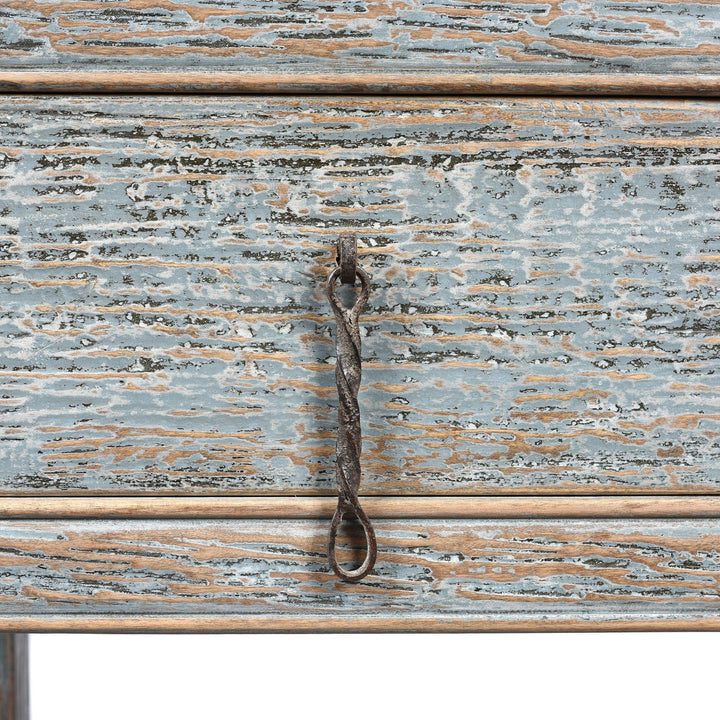 Drawer Detail of a Chinese Reproduction Pale Blue Painted 2 Drawer Console Made From Old Pine | Indigo Antiques