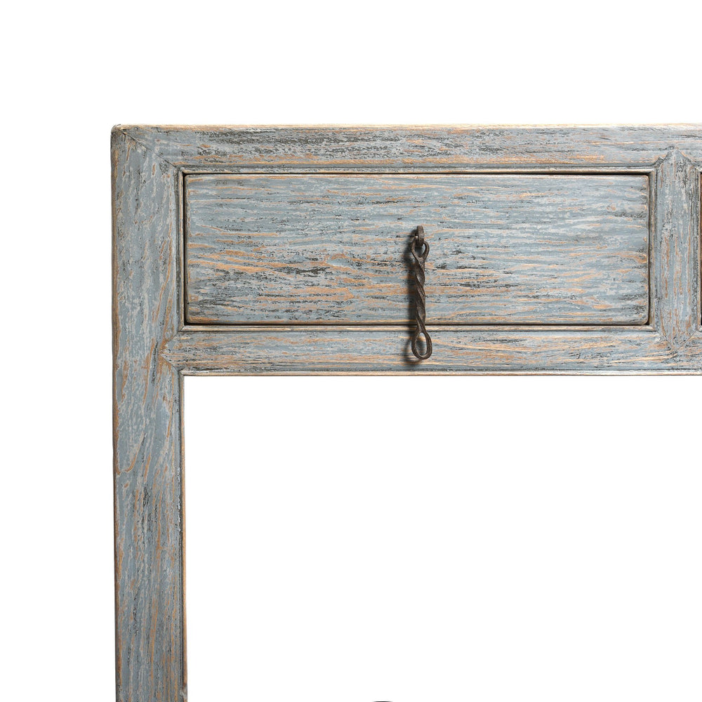 Drawer Detail of a Painted Chinese Reproduction 4 Drawer Console Made From Reclaimed Pine | Indigo Antiques