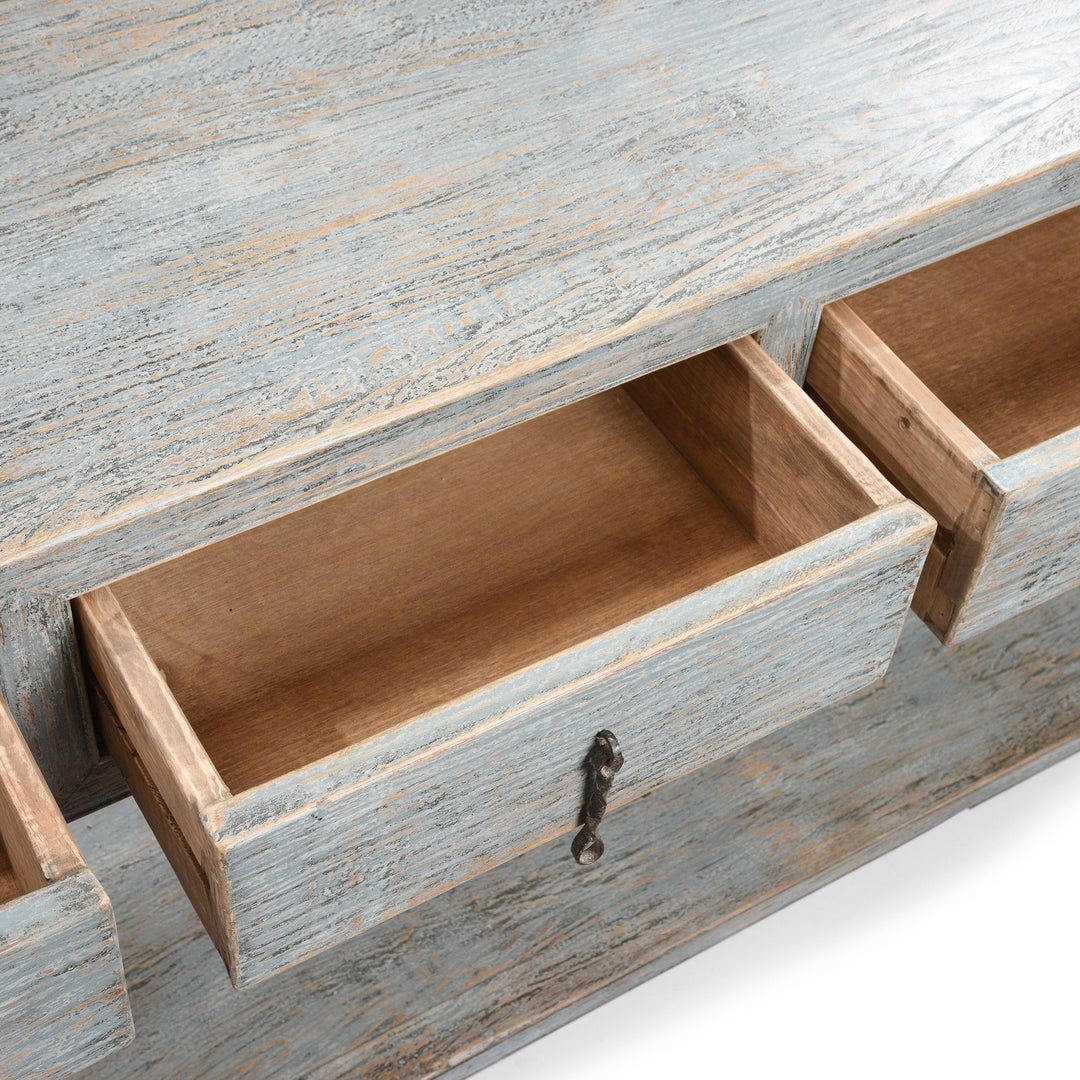 Internal drawer detail from a Painted Chinese Reproduction 4 Drawer Console Made From Reclaimed Pine | Indigo Antiques