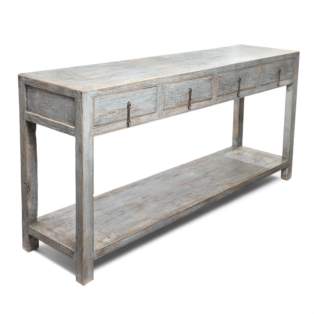 Side detail from a Painted Chinese Reproduction 4 Drawer Console Made From Reclaimed Pine | Indigo Antiques