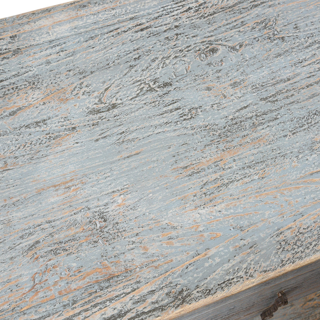 Top detail from a Painted Chinese Reproduction 4 Drawer Console Made From Reclaimed Pine | Indigo Antiques