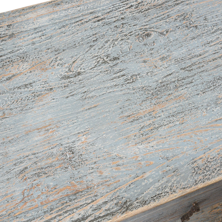 Top detail from a Painted Chinese Reproduction 4 Drawer Console Made From Reclaimed Pine | Indigo Antiques