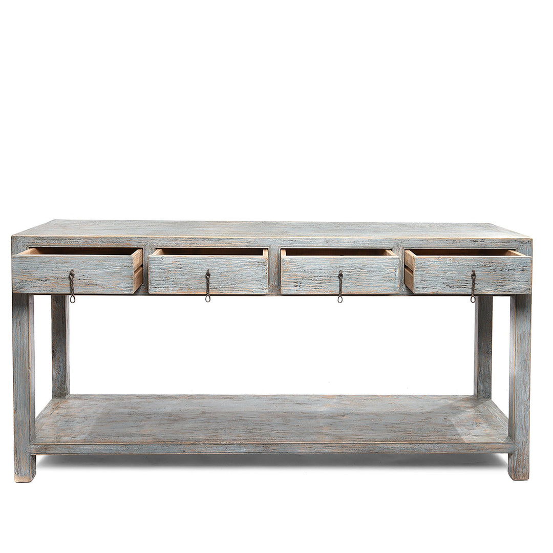 Open drawer detail from a Painted Chinese Reproduction 4 Drawer Console Made From Reclaimed Pine | Indigo Antiques