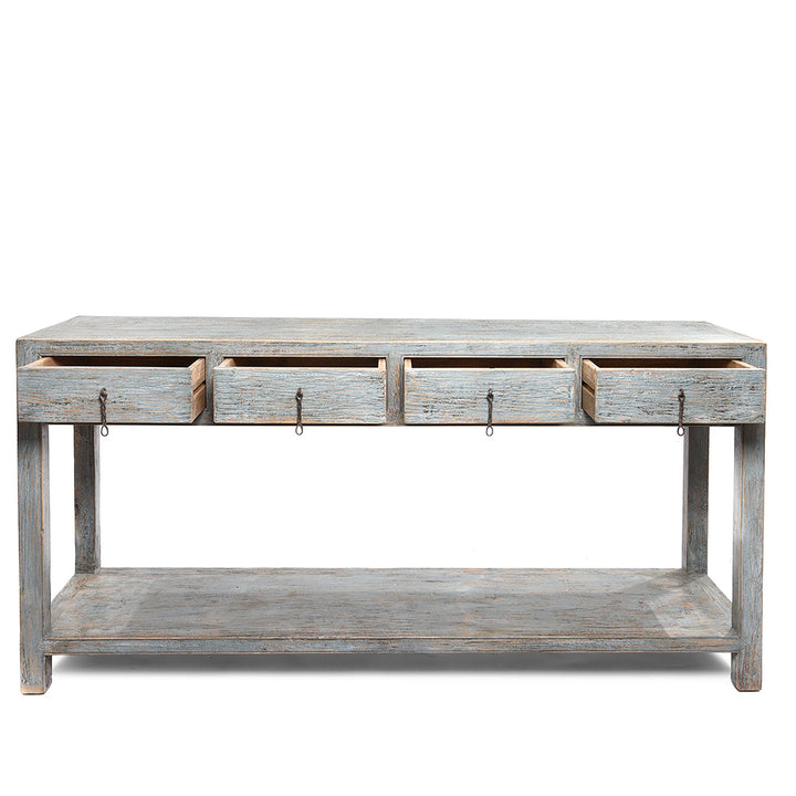 Open drawer detail from a Painted Chinese Reproduction 4 Drawer Console Made From Reclaimed Pine | Indigo Antiques