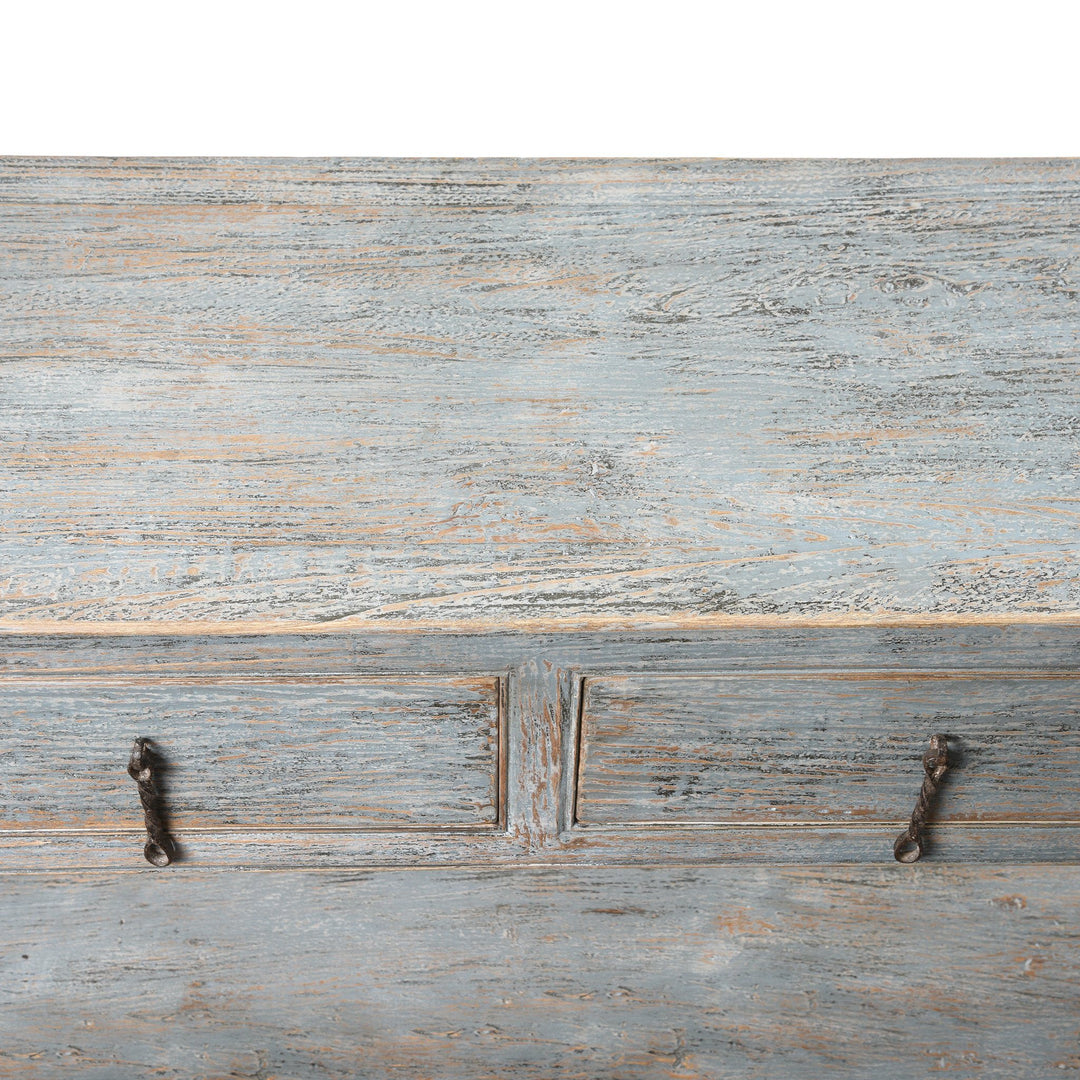 Top 2 detail from an Painted Chinese Reproduction 4 Drawer Console Made From Reclaimed Pine | Indigo Antiques