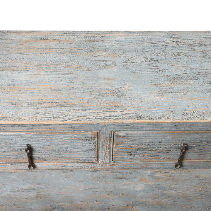 Top 2 detail from an Painted Chinese Reproduction 4 Drawer Console Made From Reclaimed Pine | Indigo Antiques