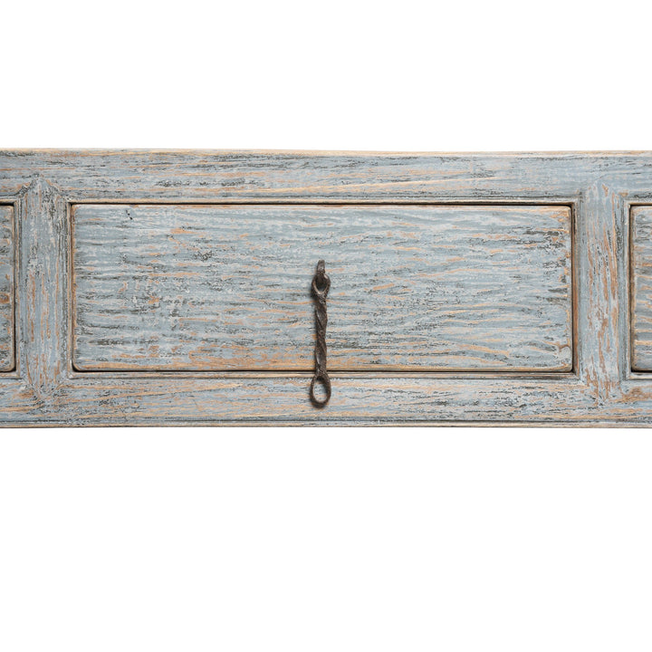 Middle drawer detail from a Painted Chinese Reproduction 4 Drawer Console Made From Reclaimed Pine | Indigo Antiques