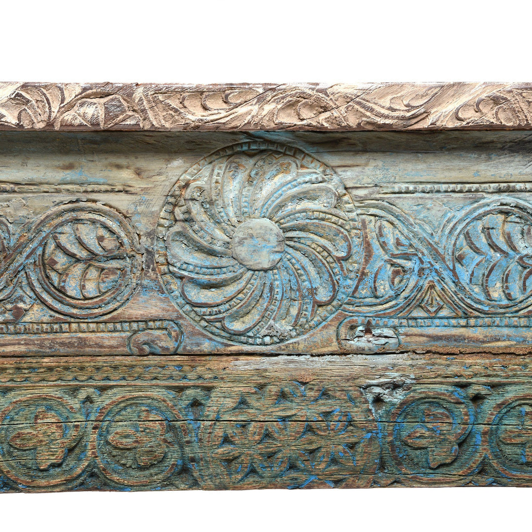 Carving Detail on an Painted Indian Reclaimed Wood Console Table | Indigo Antiques