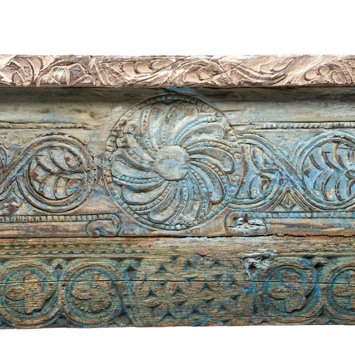 Carving Detail on an Painted Indian Reclaimed Wood Console Table | Indigo Antiques