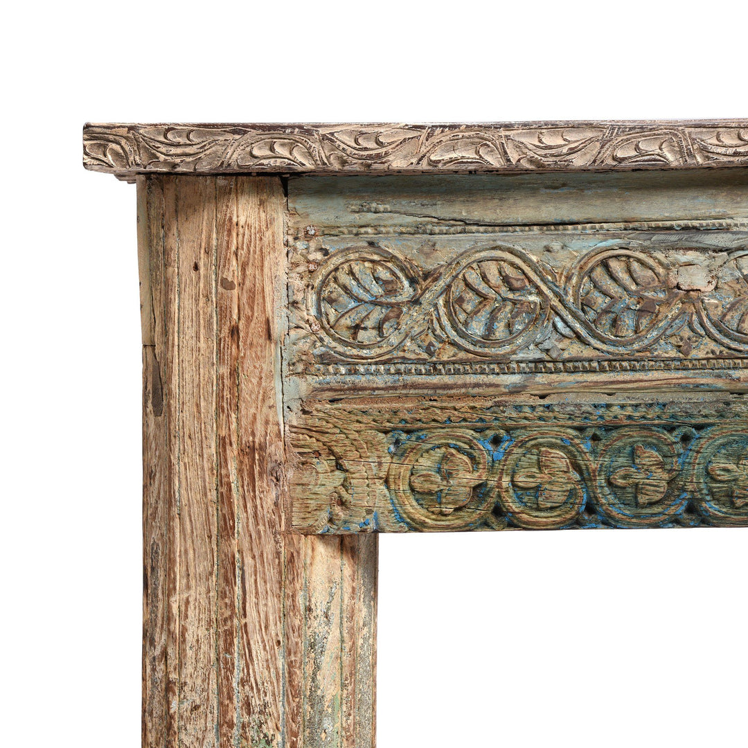 Carving detail on a Painted Indian Reclaimed Wood Console Table | Indigo Antiques