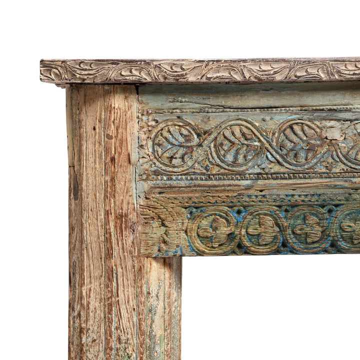 Carving detail on a Painted Indian Reclaimed Wood Console Table | Indigo Antiques