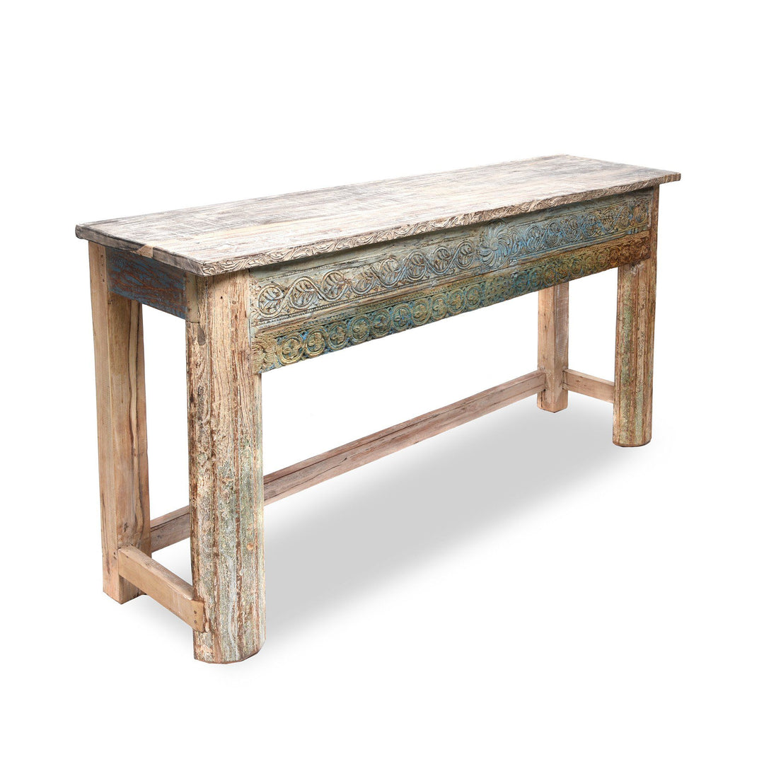 Side detail from a Painted Indian Reclaimed Wood Console Table | Indigo Antiques