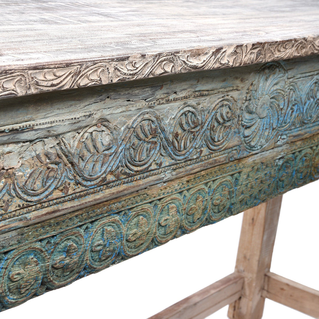 Carving detail from a Painted Indian Reclaimed Wood Console Table | Indigo Antiques