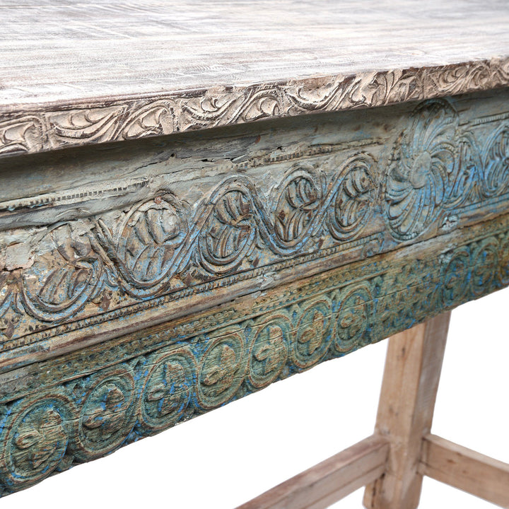Carving detail from a Painted Indian Reclaimed Wood Console Table | Indigo Antiques