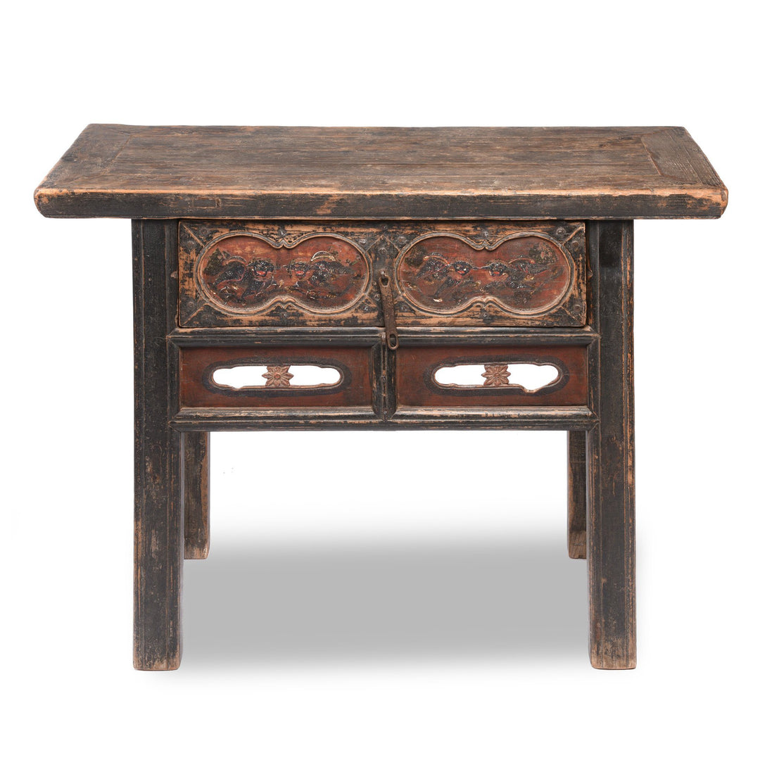 Snow Lion Painted Antique Chinese Wine Table From Gansu Province - 19thC | Indigo Antiques