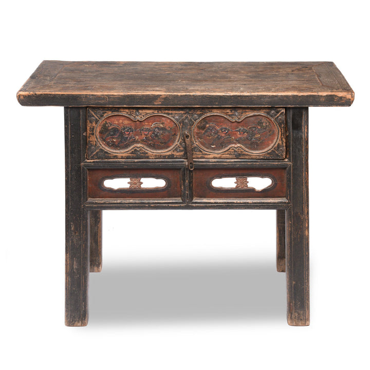 Snow Lion Painted Antique Chinese Wine Table From Gansu Province - 19thC | Indigo Antiques