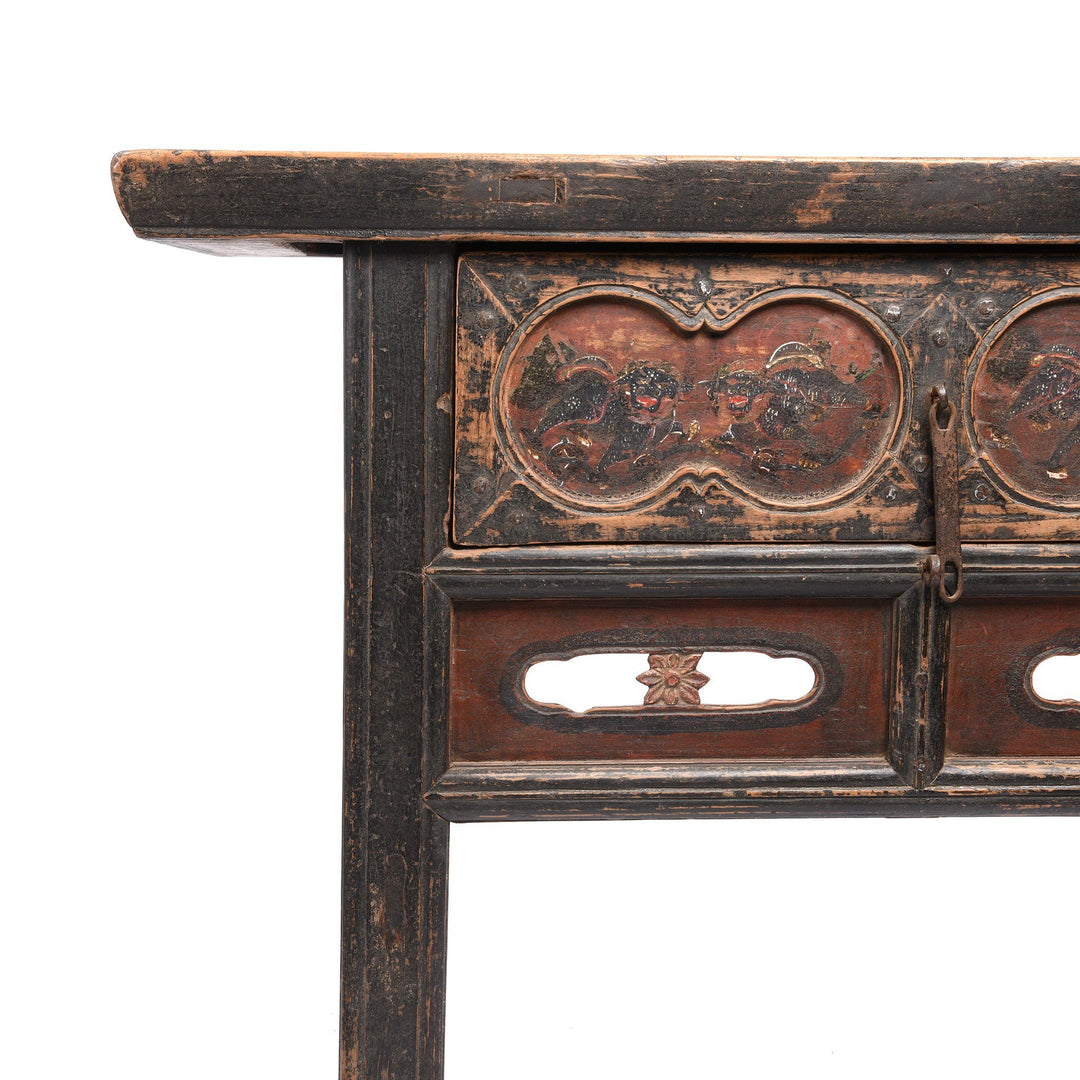 Detail from a Snow Lion Painted Antique Chinese Wine Table From Gansu Province - 19thC | Indigo Antiques