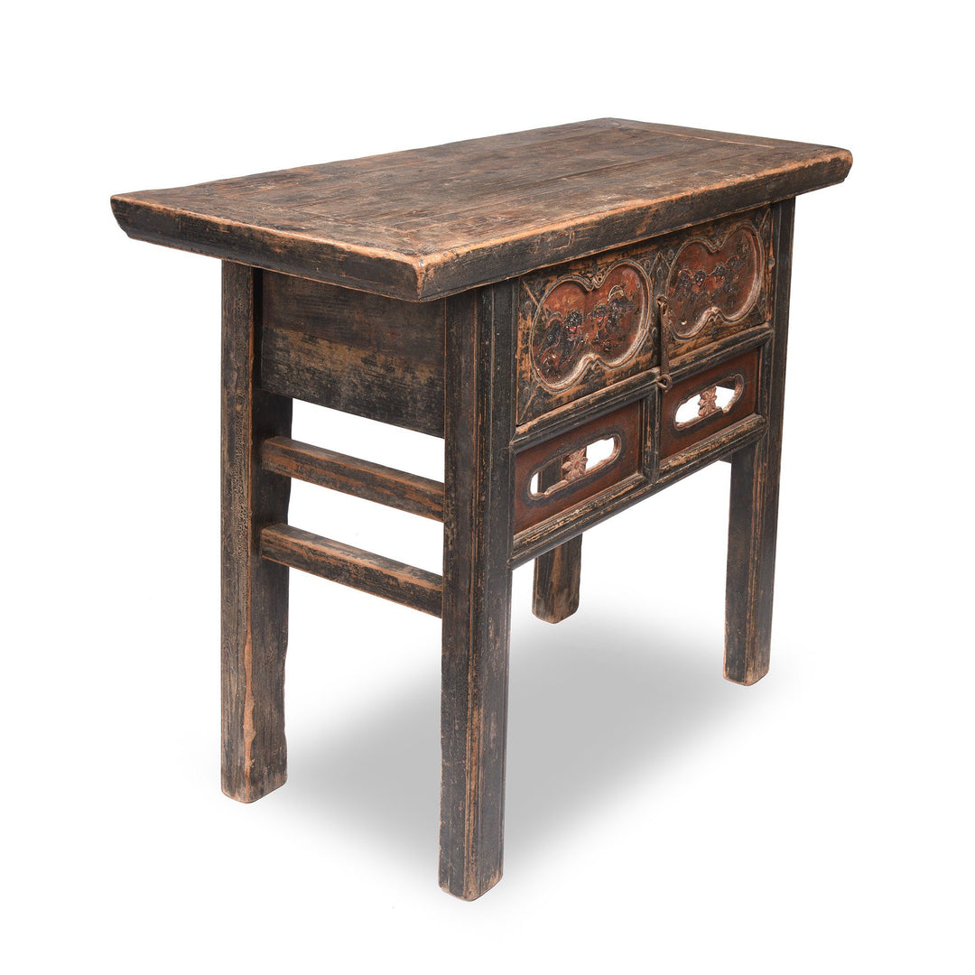 Side detail from a Snow Lion Painted Antique Chinese Wine Table From Gansu Province - 19thC | Indigo Antiques