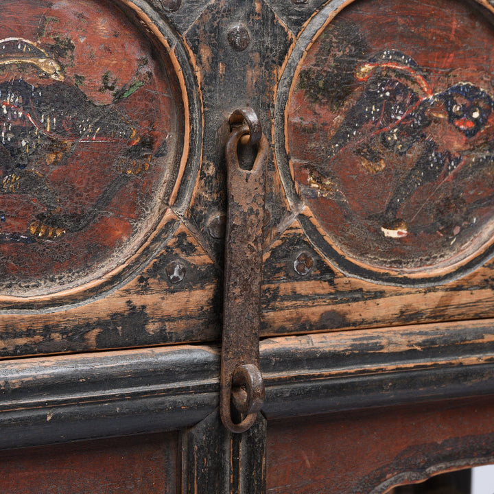 Iron Detail from a Snow Lion Painted Antique Chinese Wine Table From Gansu Province - 19thC | Indigo Antiques