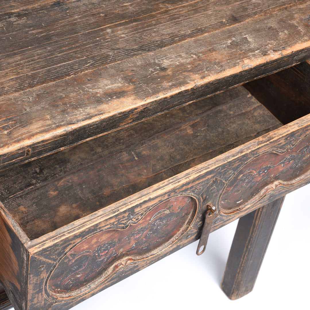 Snow Lion Painted Antique Chinese Wine Table From Gansu Province - 19thC | Indigo Antiques