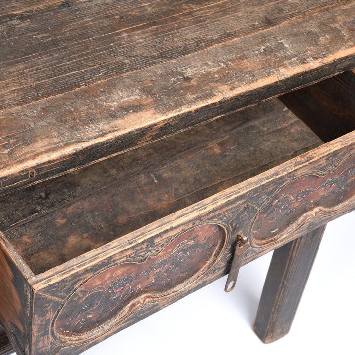 Snow Lion Painted Antique Chinese Wine Table From Gansu Province - 19thC | Indigo Antiques