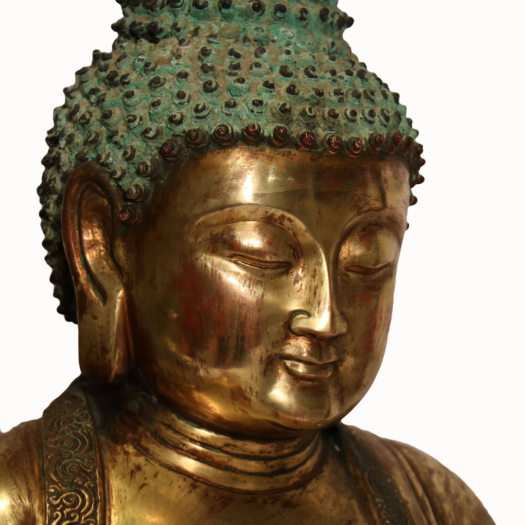Face Detail of a Tibetan Bronze Shakyamuni Seated Buddha - 75-100 yrs old