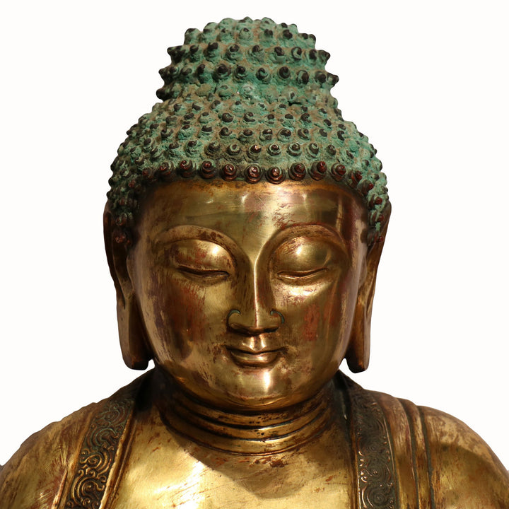 Face Detail of a Tibetan Bronze Shakyamuni Seated Buddha - 75-100 yrs old