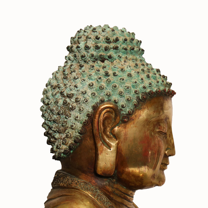 Face Detail of a Tibetan Bronze Shakyamuni Seated Buddha - 75-100 yrs old