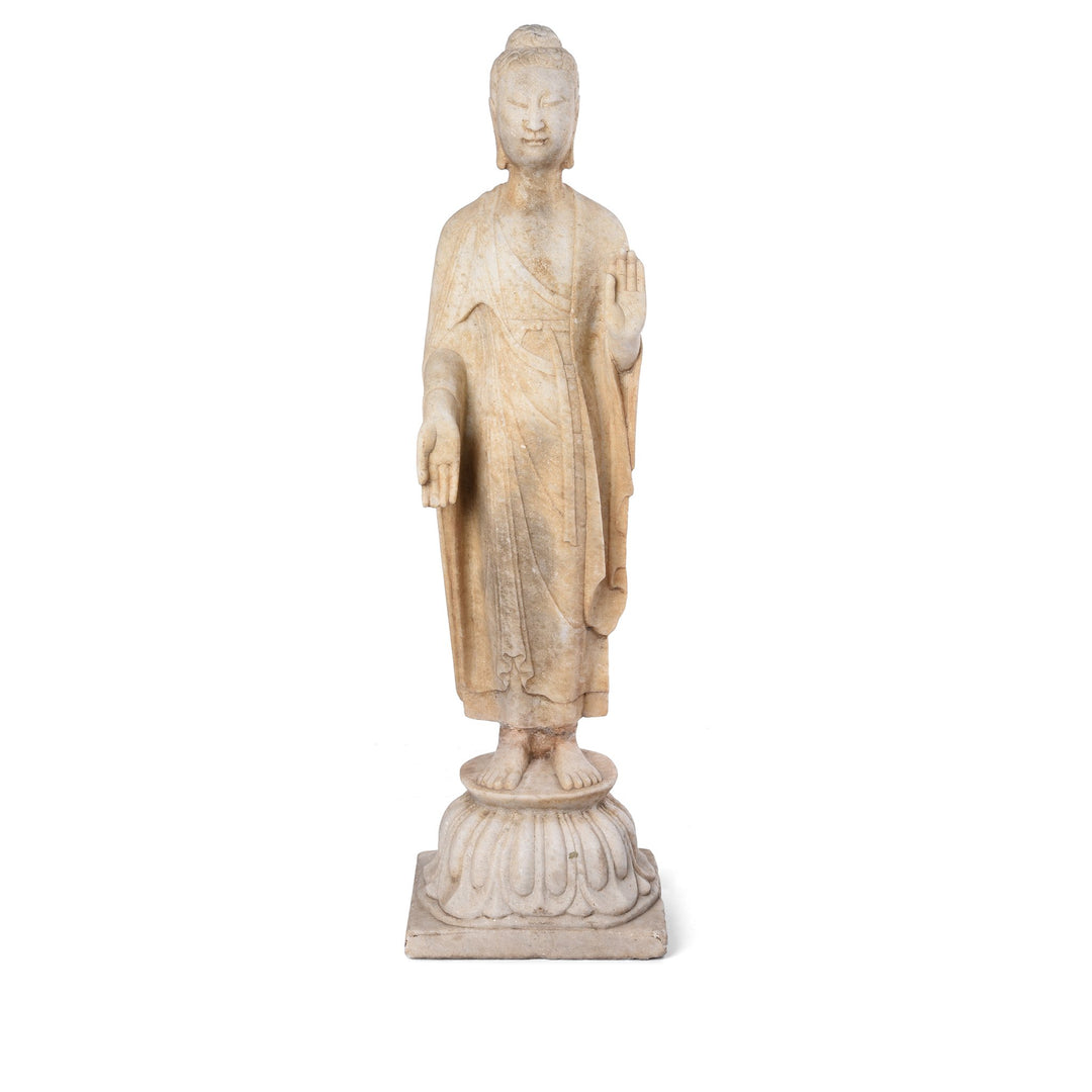 Carved White Marble Standing Chinese Buddha Statue | Indigo Antiques