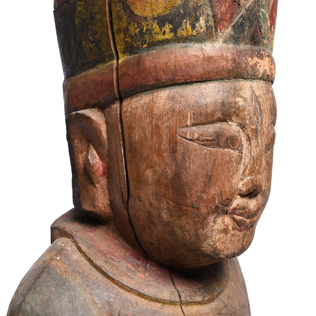 Face detail of a Large Painted Wooden Antique Chinese Ancestor Figure from Shanxi - 19thC | Indigo Antiques