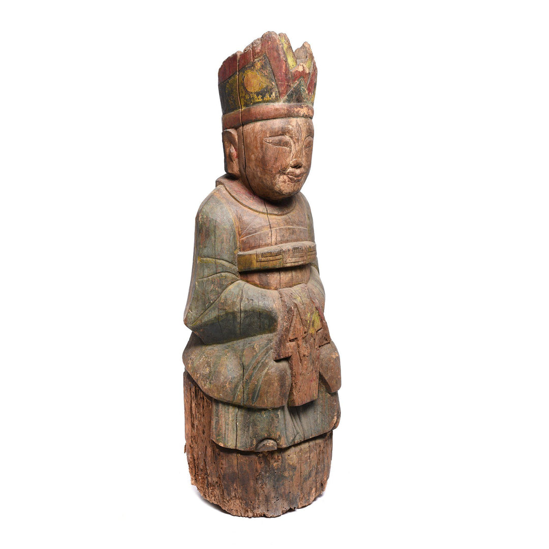 Side detail of a Large Painted Wooden Antique Chinese Ancestor Figure from Shanxi - 19thC | Indigo Antiques