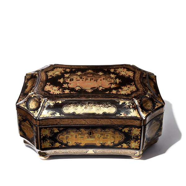 Gilt Black Lacquer Chinoiserie Sewing Box - Early 19th Century