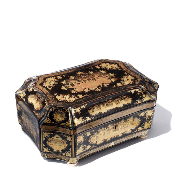 Gilt Black Lacquer Chinoiserie Sewing Box - Early 19th Century