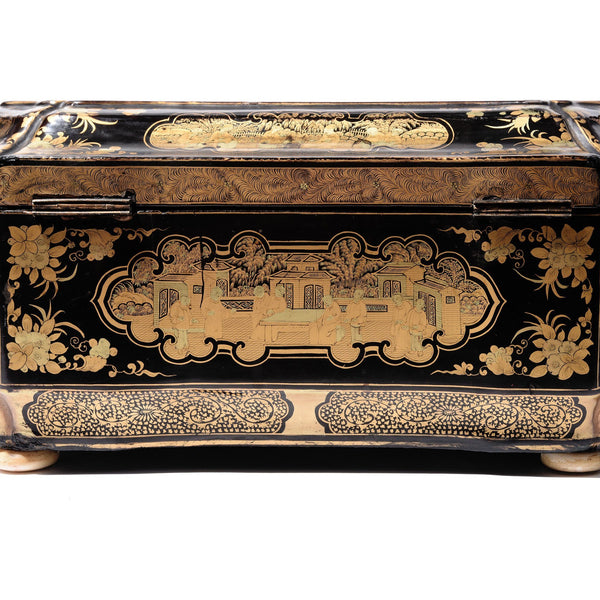 Gilt Black Lacquer Chinoiserie Sewing Box - Early 19th Century