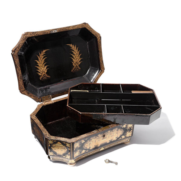 Gilt Black Lacquer Chinoiserie Sewing Box - Early 19th Century