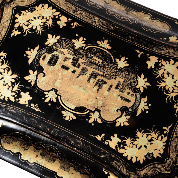 Gilt Black Lacquer Chinoiserie Sewing Box - Early 19th Century