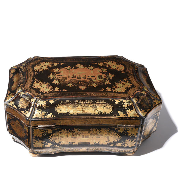 Gilt Black Lacquer Chinoiserie Sewing Box - Early 19th Century