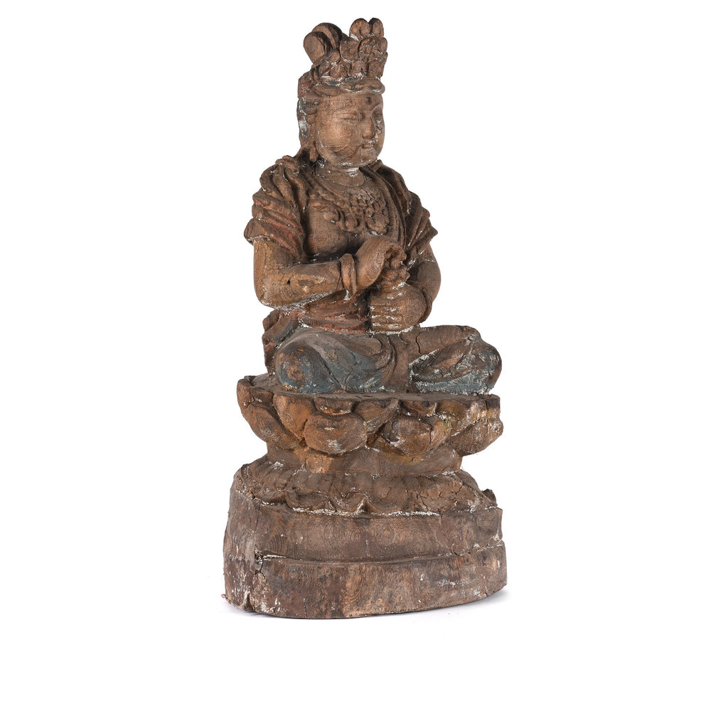 Side Detail of Chinese Painted Wood Seated Guanyin Statue | Indigo Antiques