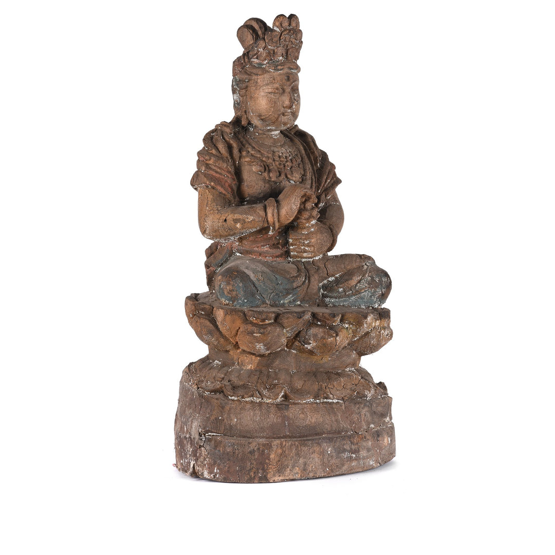Side Detail of Chinese Painted Wood Seated Guanyin Statue | Indigo Antiques