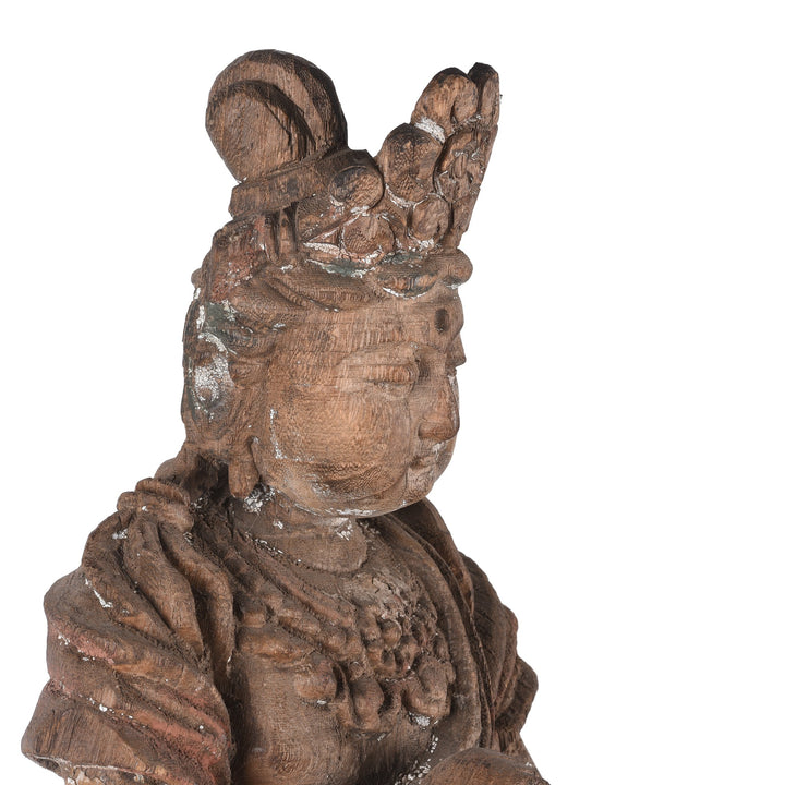 Detail of Chinese Painted Wood Seated Guanyin Statue | Indigo Antiques